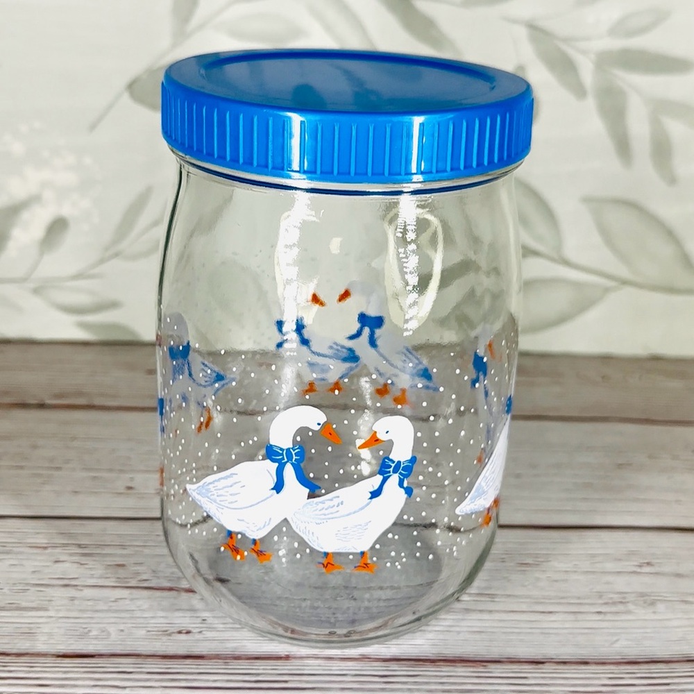 Vintage 90s Glass Jar Canister with Blue Lid and Goose Country Design